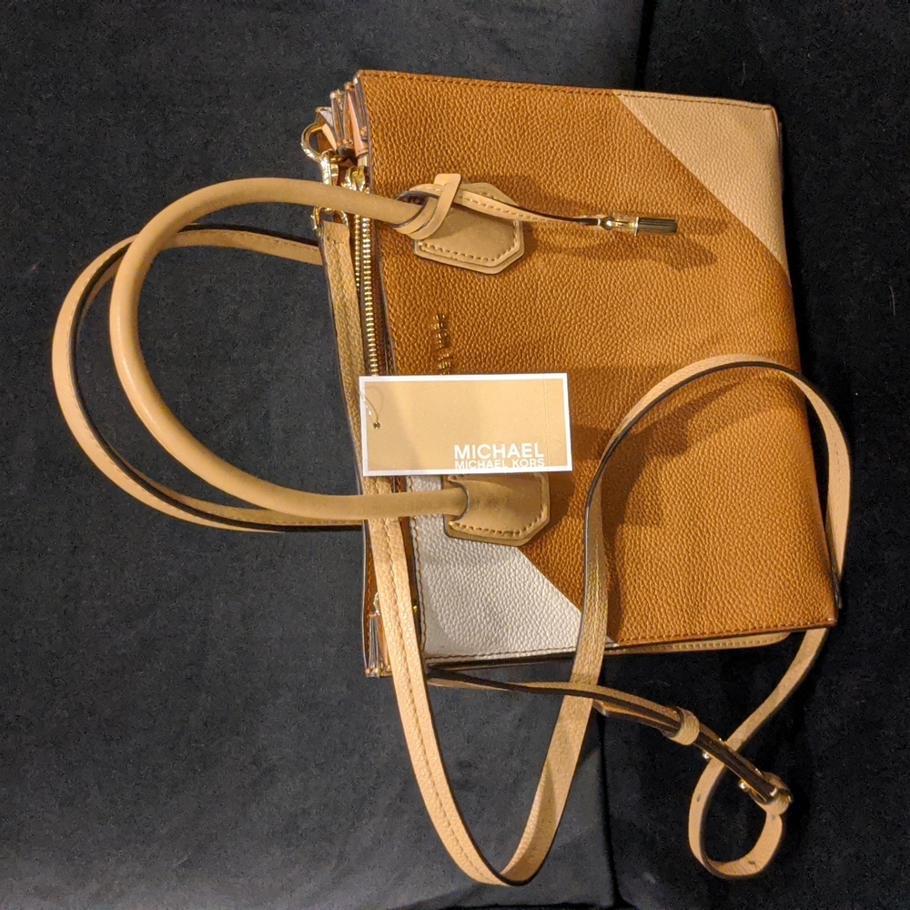 New! Michael Kors Brown/Tan/White Accordion Medium Tote